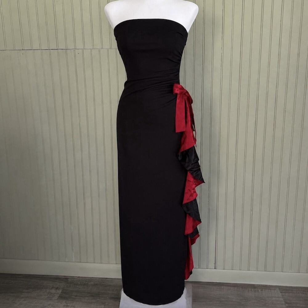 Vtg Y2K Black Red Ruffle Strapless Maxi Dress Fairy Grunge Prom Goth Vamp Small